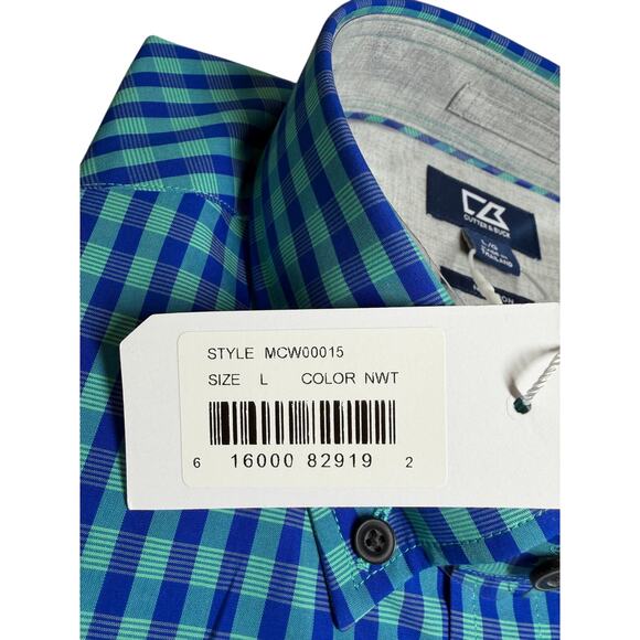 Cutter & Buck Men Non Iron Long Sleeve Shirt Checkered Teal Blue Large NWT - Picture 6 of 6